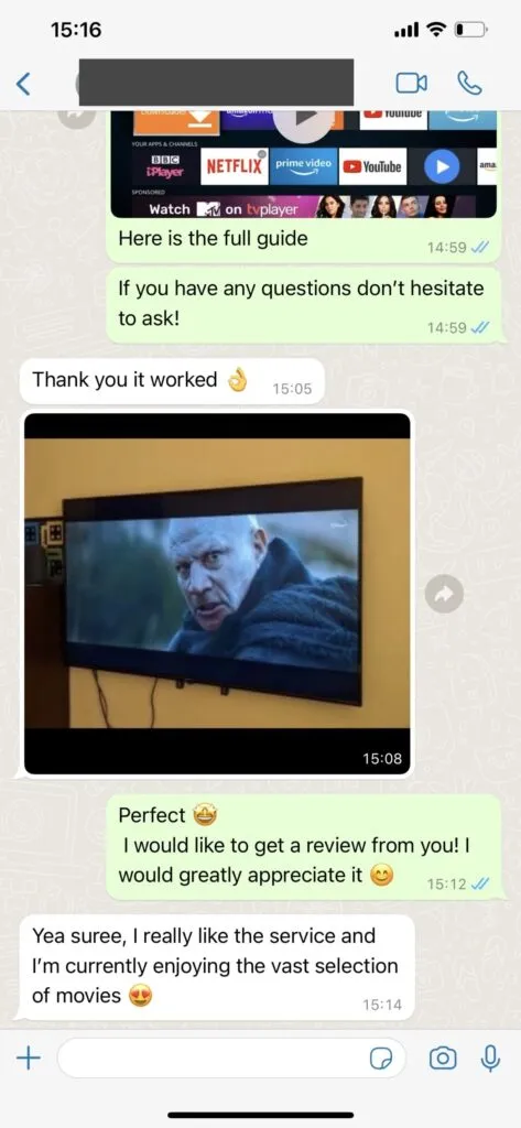 WhatsApp customer feedback confirming instant IPTV activation