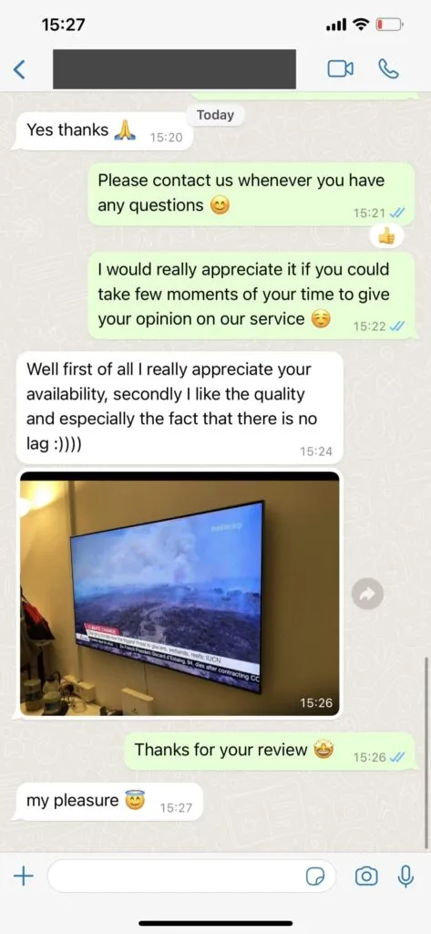 WhatsApp message praising 4K sports streaming quality